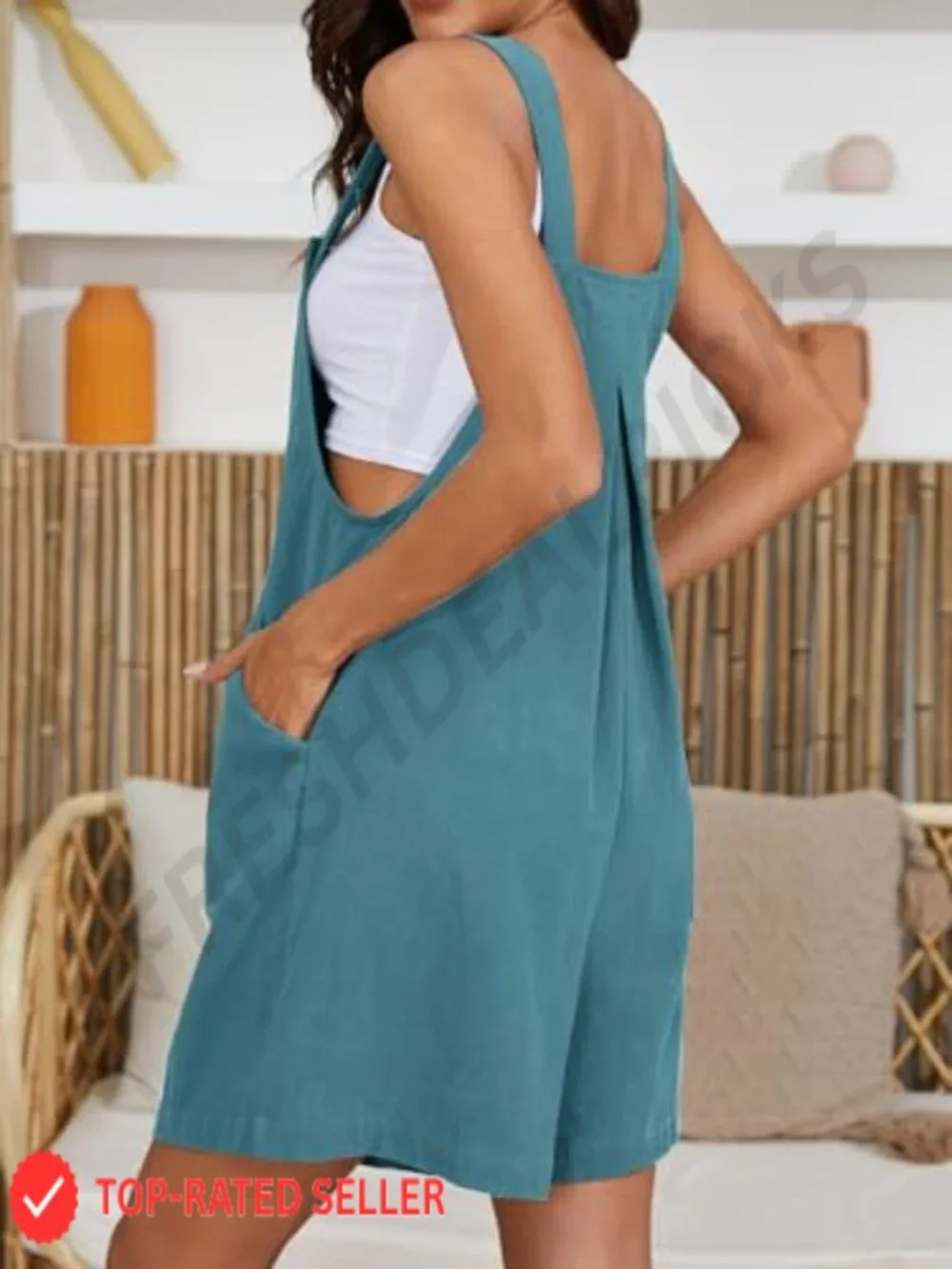 Loose Fit Overalls Shorts for Women, Adjustable Button Straps, Sleeveless